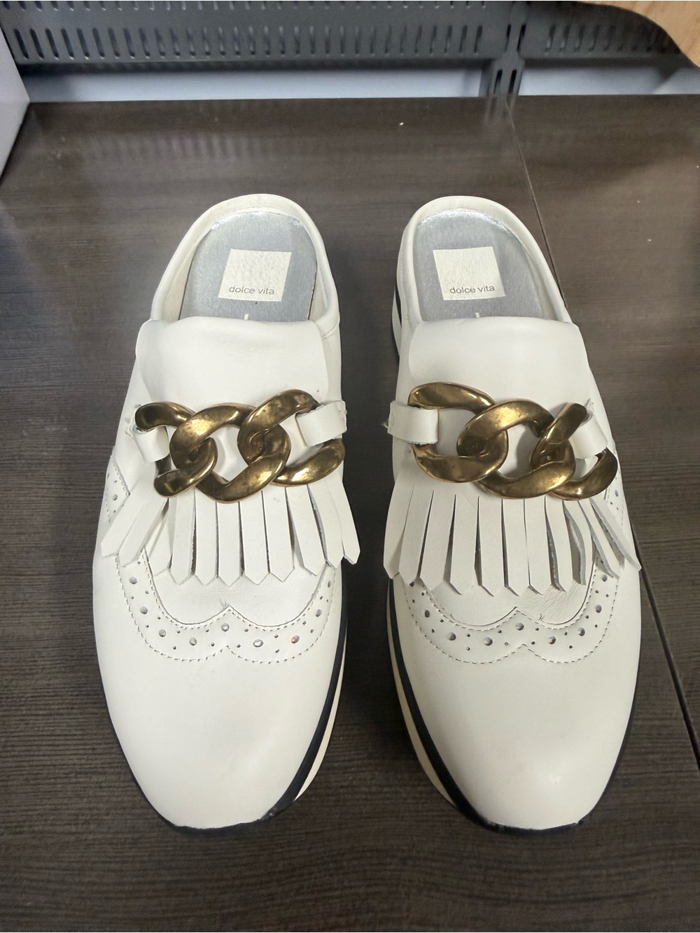 Dolce Vita White Fringe Mule Loafers with Oversized Gold Chain